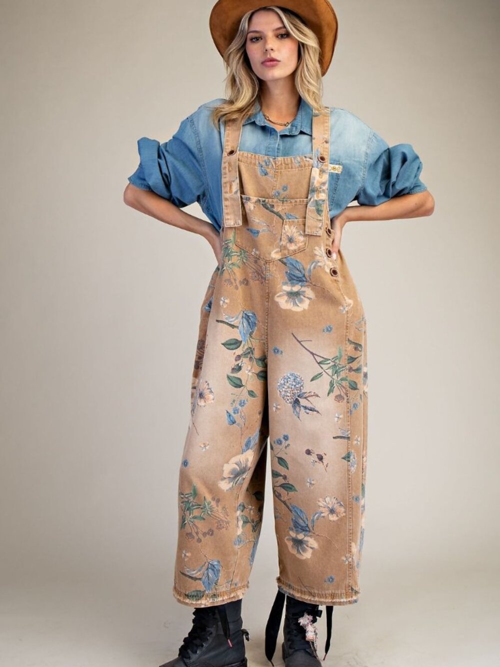 Floral Printed Tan Wide-Leg Overalls Jumpsuit